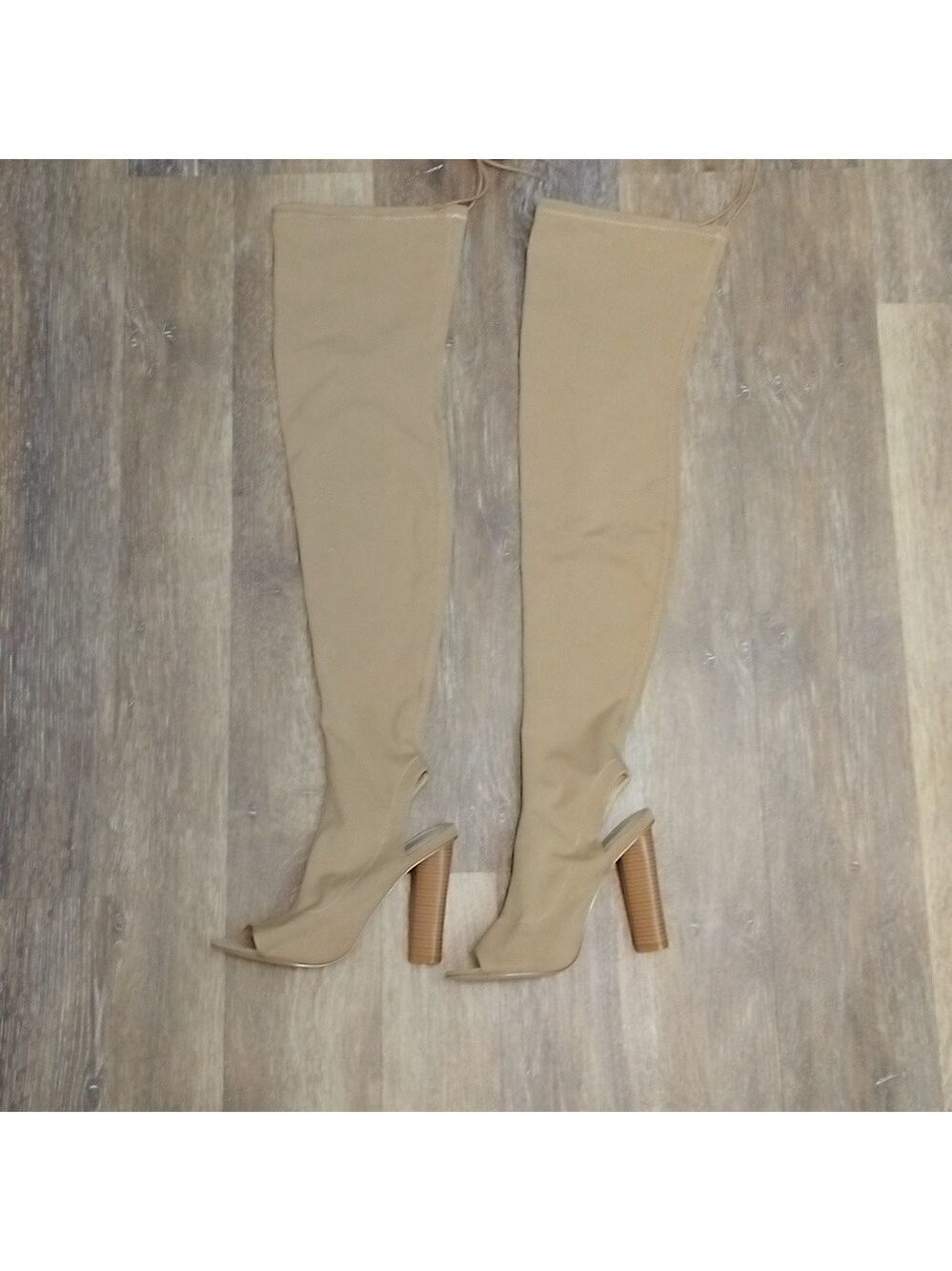 Public Desire Size 7 Tan Suede Peep-Toe Cutout Over-The-Knee Heel Boots - Picture 5 of 7